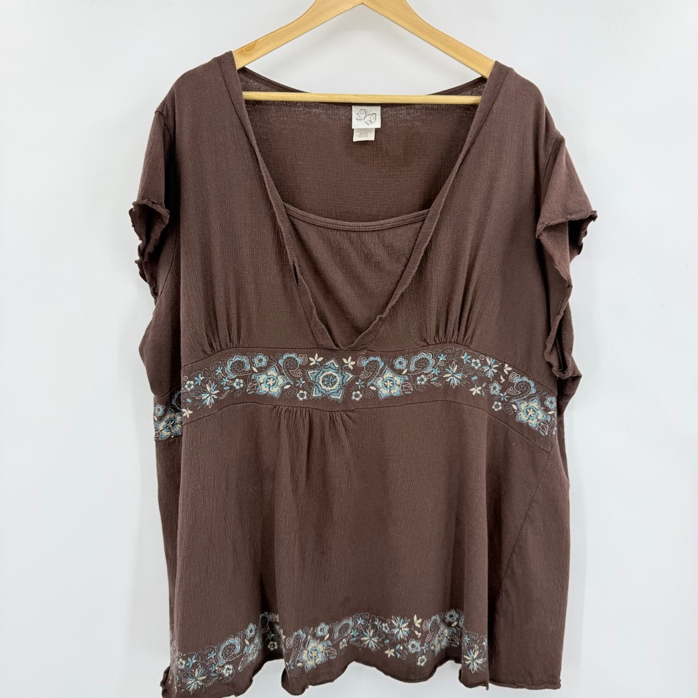 Fashion Bug Embroidered Top Women 22/24 Brown Y2K Boho Fairycore Flutter Sleeve
